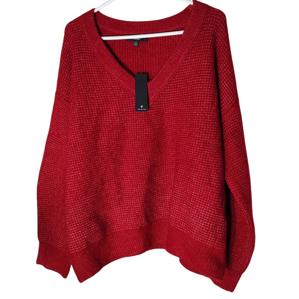 New Chunky Knit Sweater V Neck Relaxed Red Long Sleeve Womens Extra Large Tags - Picture 3 of 10